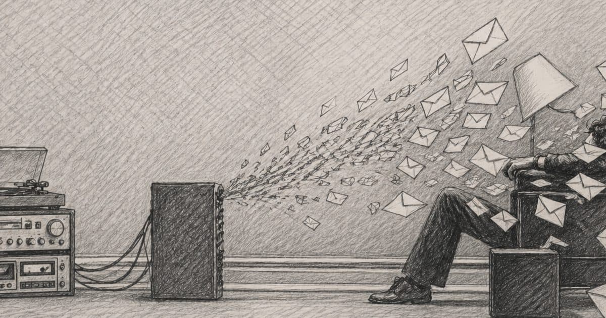 Pencil sketch of envelopes blowing out of a speaker toward a person in an armchair
